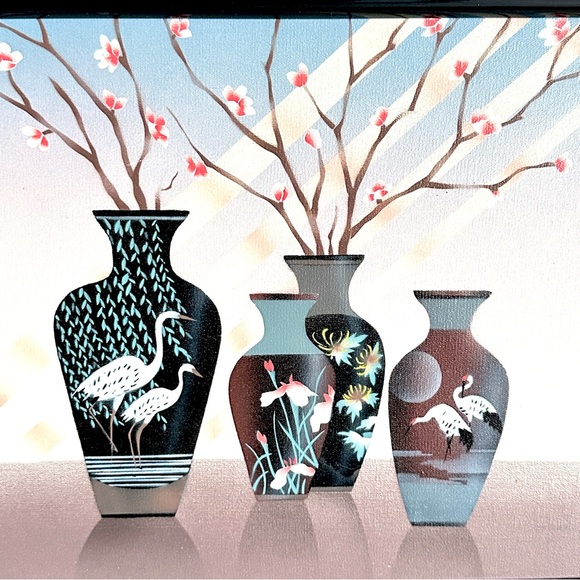 Vintage 90s Airbrushed Canvas Art Asian Vases Cranes Blossoms Framed Painting - Picture 3 of 9